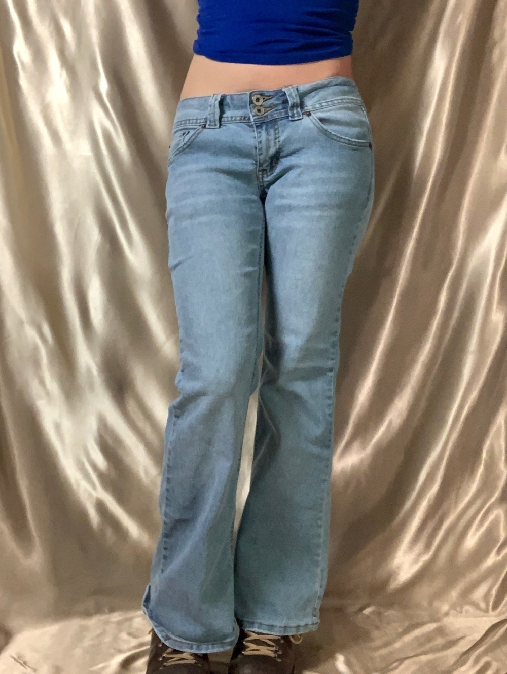 Angels Low Rise Flare Jeans Light Wash Denim Double Button Y2K Bootcut